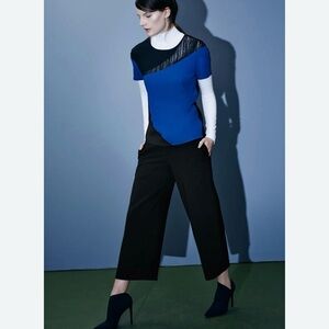 SACHIN & BABI Colorblock Fringe Top Assymetrical Blue Black Old Money Wimsy Goth